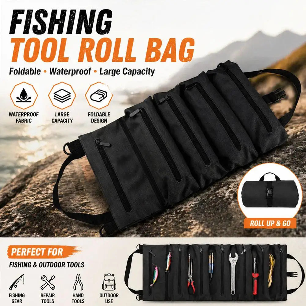 Roll-Up Canvas Fishing Tool Bag – 6 Zip Pockets Organizer