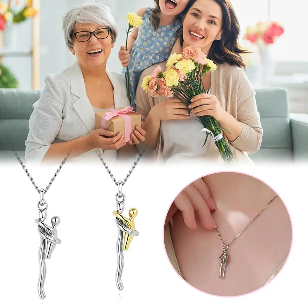 Baby Hugging Pendant Necklace – Two-Tone Stainless Steel Mom Gift