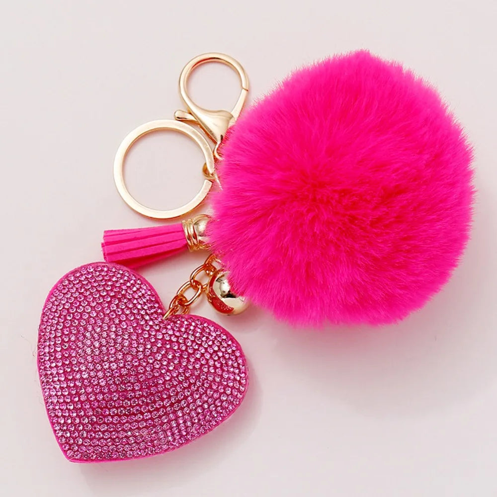 Faux Fur Plush Ball Keychain – Rhinestone Heart Bag Charm
