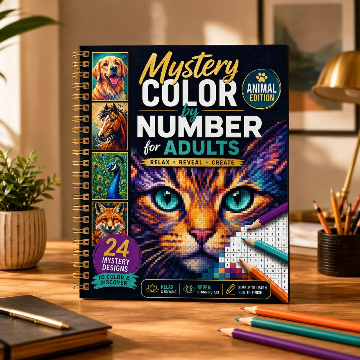 Mystery Number Adults A4 Spiral Coloring Book Animal Edition 24