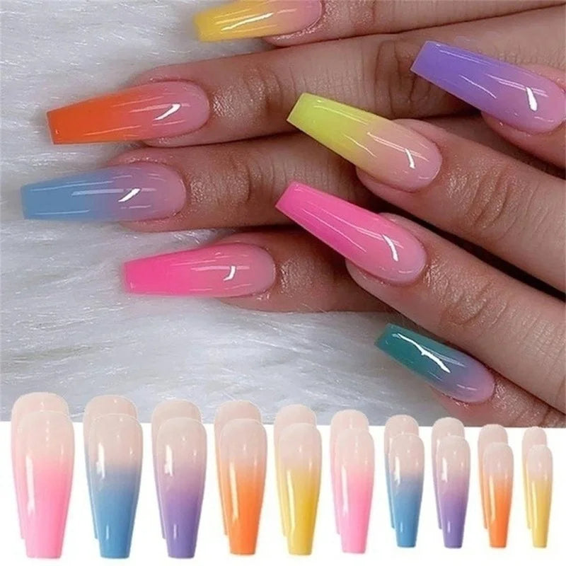 24-Piece Rainbow Coffin Ballerina False Nails – Full Cover Tips