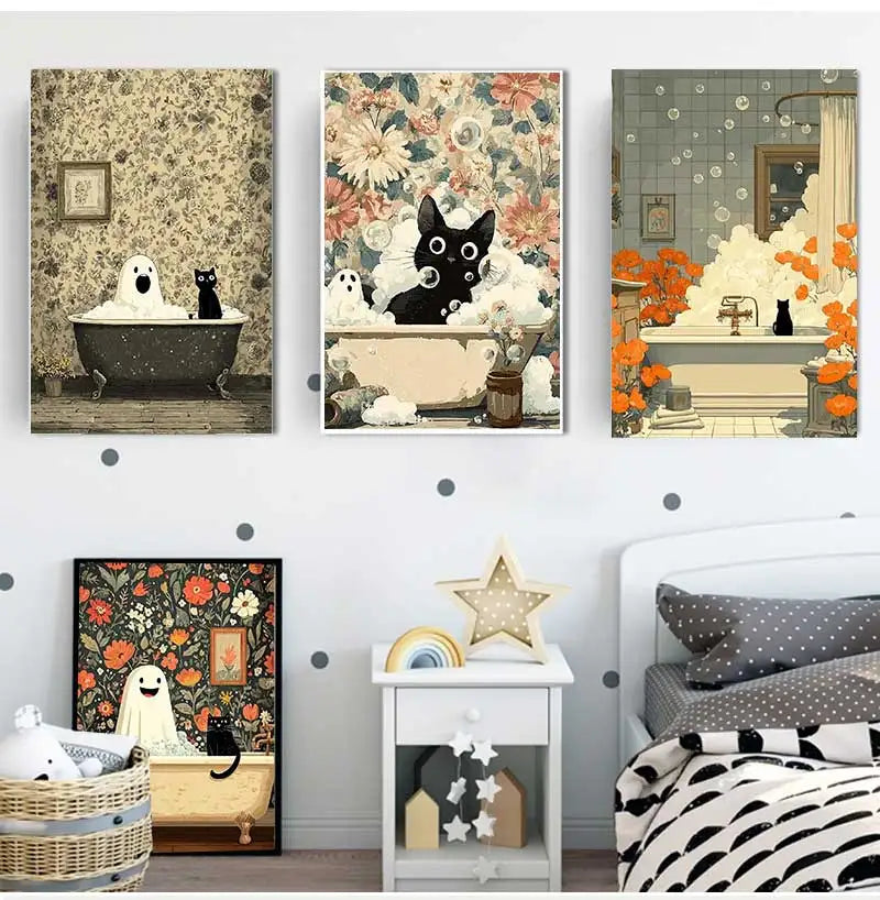 Halloween Ghost Black Cat Bathtub Canvas Wall Art Print