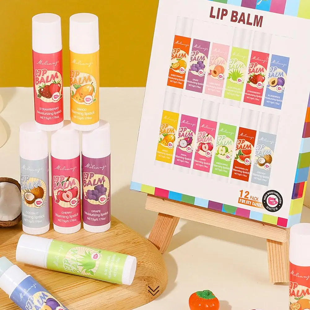 12-Pc Color Changing Lip Balm Set – Moisturizing Fruit Flavor