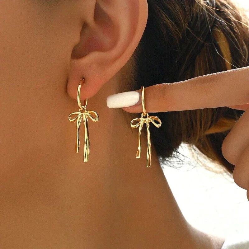 Gold Bowknot Tassel Stud Earrings – Retro Fashion Jewelry Women