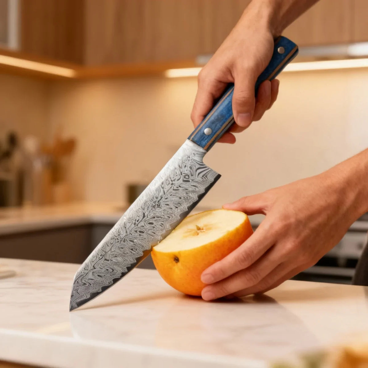 Damascus Steel Santoku Chef's Knife – Wood Handle, 20cm Blade