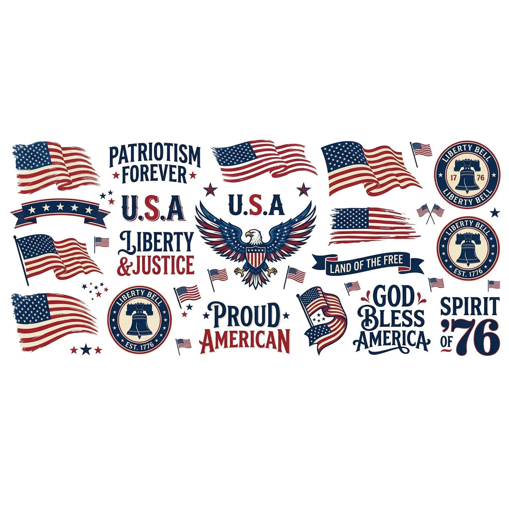 July 4th Patriotic UV Transfer Stickers | USA Flag Eagle Decals