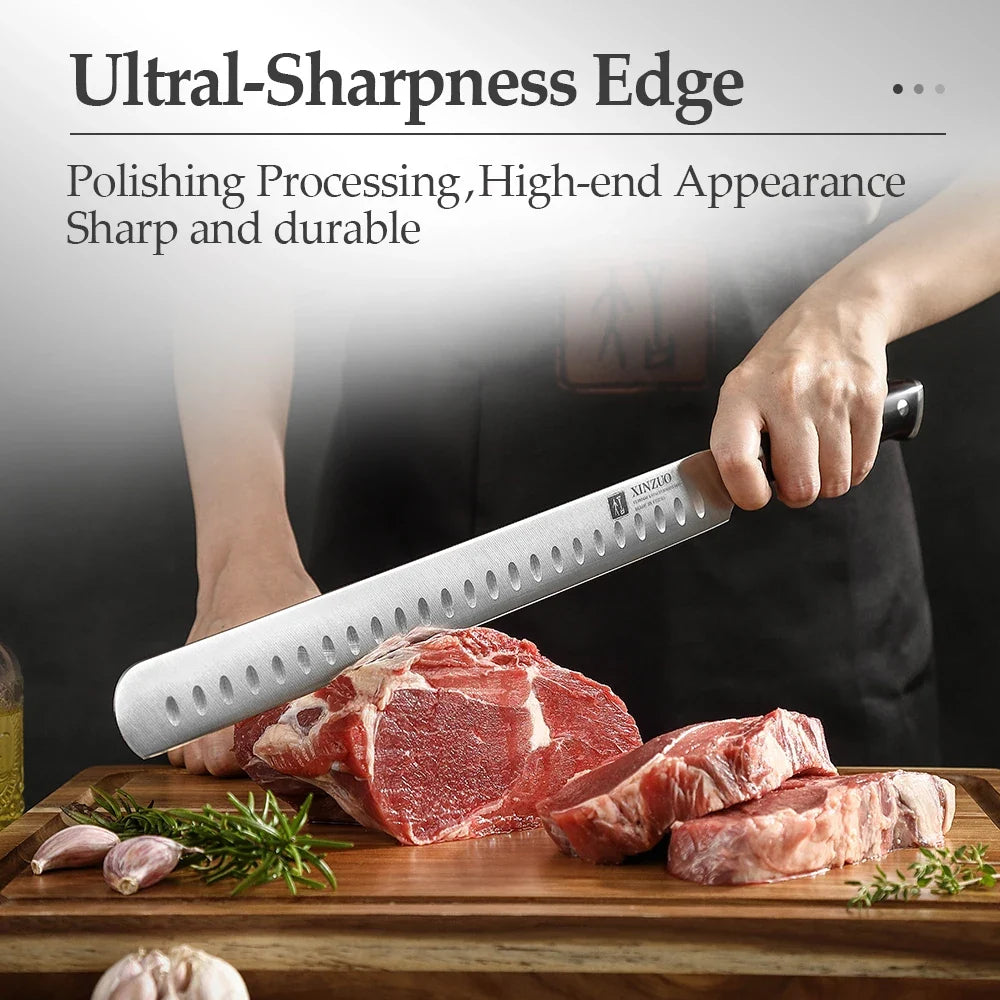 XINZUO 12" Granton Carving Knife – 1.4116 Steel Ebony Handle