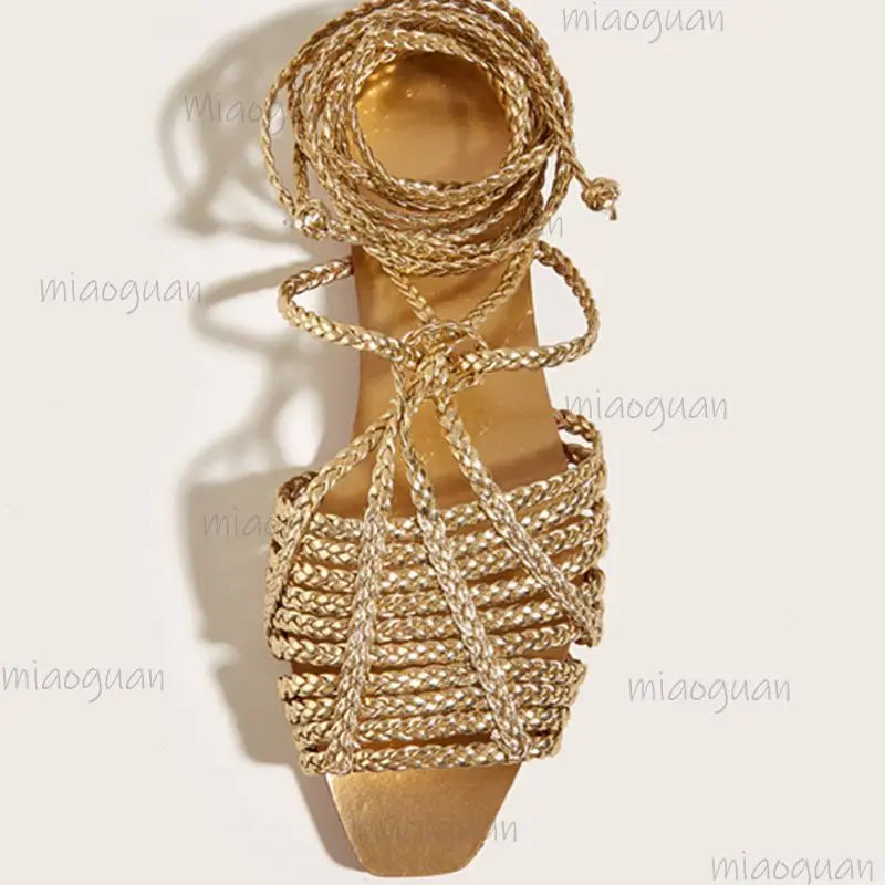 Women's Retro Cross-Tie Gladiator Flat Sandals – Gold Woven