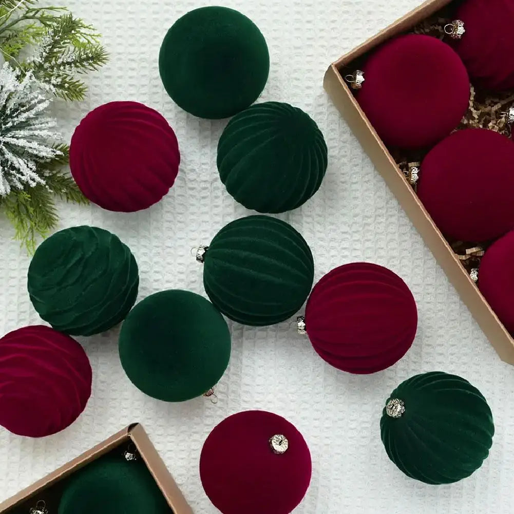 Velvet Flocked Christmas Ball Ornaments 12pcs – Green & Red