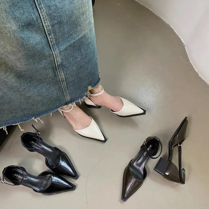 Women's Pointed Toe Mid Heel Pumps – Ankle Buckle Strap