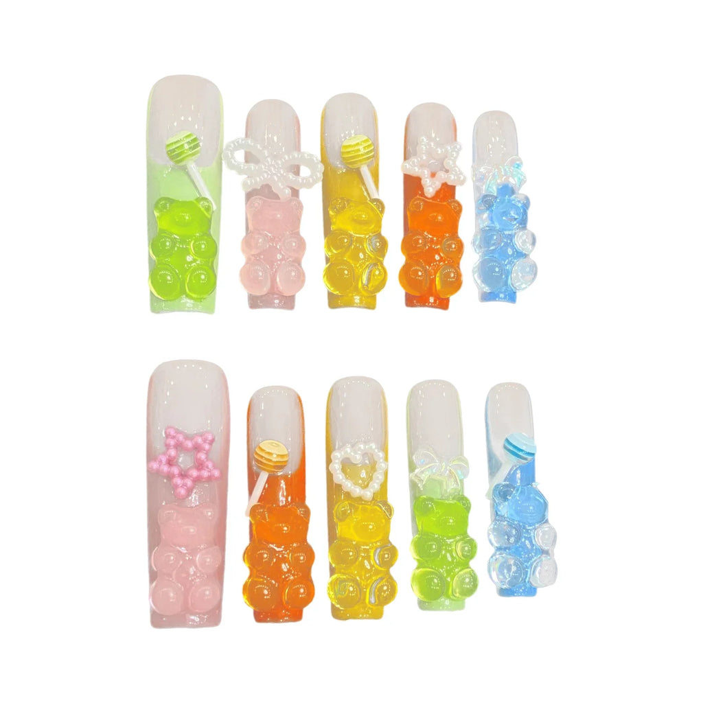 Handmade Press On Nails Candy Bear Bow | Extra Long False Nails