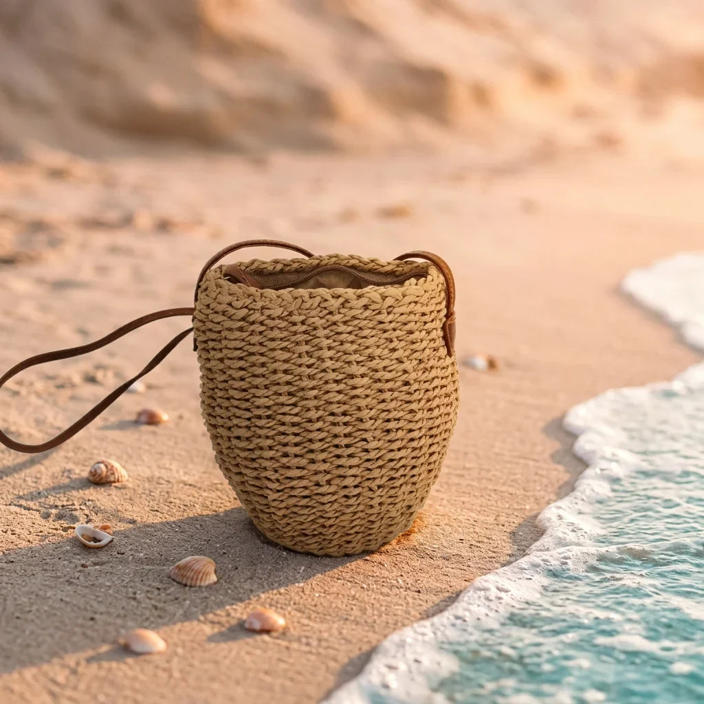 Handwoven Straw Bucket Bag – Vintage Wicker Crossbody for Women
