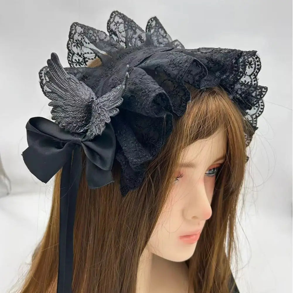 Gothic Lolita Wings Lace Headband – Ruffled Rivet Hairband