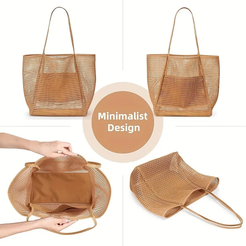Colorful Mesh Beach Tote Bag – Shoulder & Crossbody | Khaki