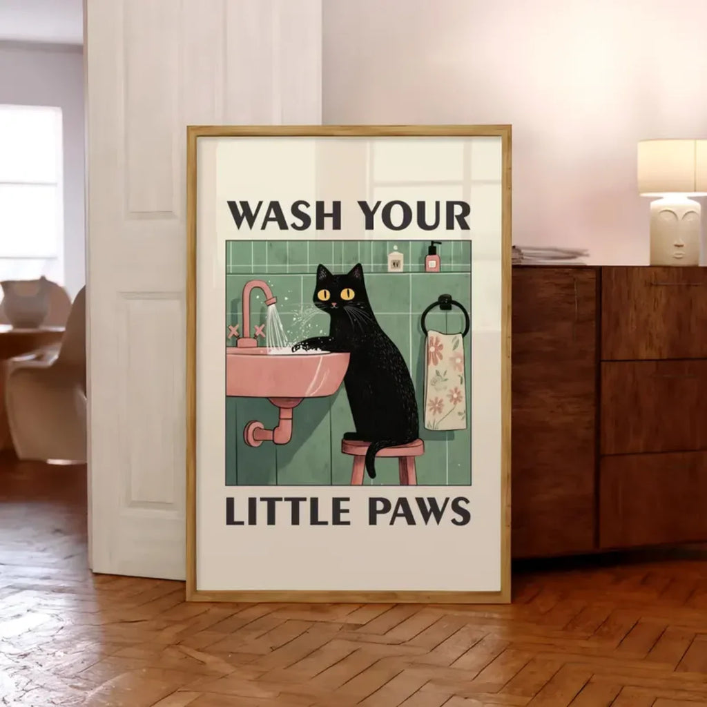 Funny Cat "Wash Your Paws" Canvas Wall Art | Bathroom Decor