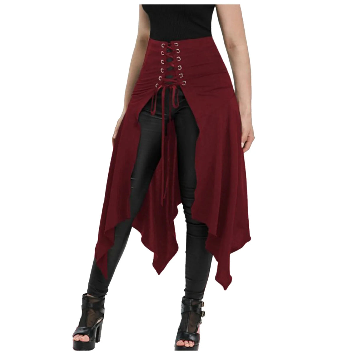 Gothic Black High Waist Steampunk Lace-Up Long Skirt for Women