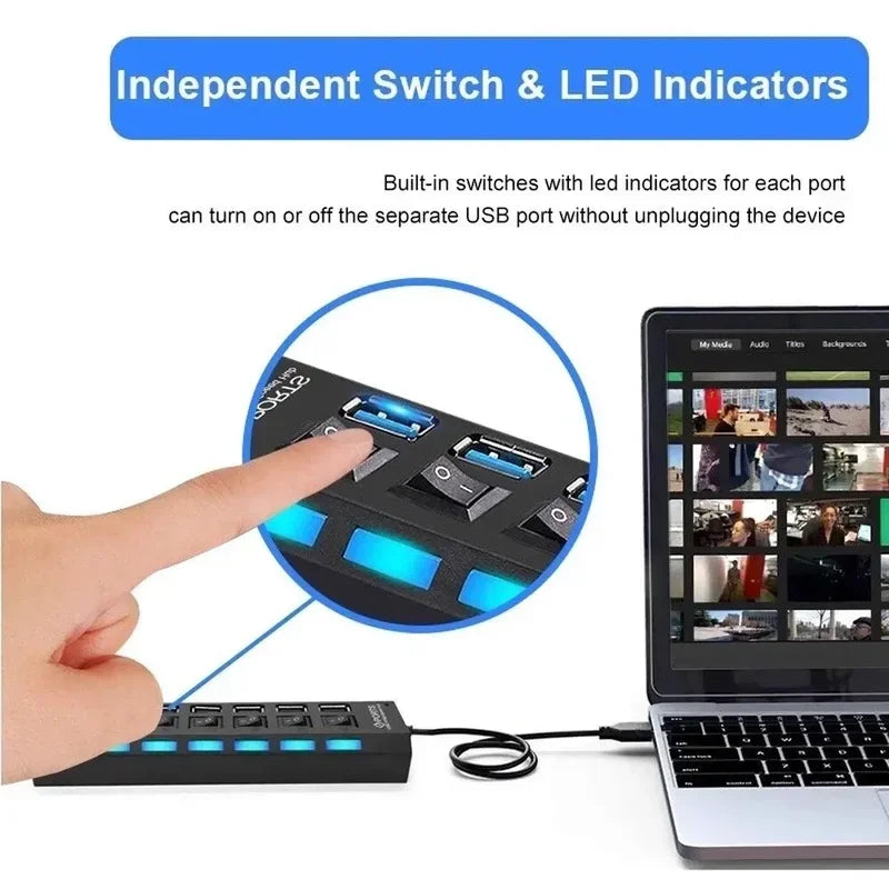 7-Port USB 2.0 Hub with Individual Switches & Power Adapter