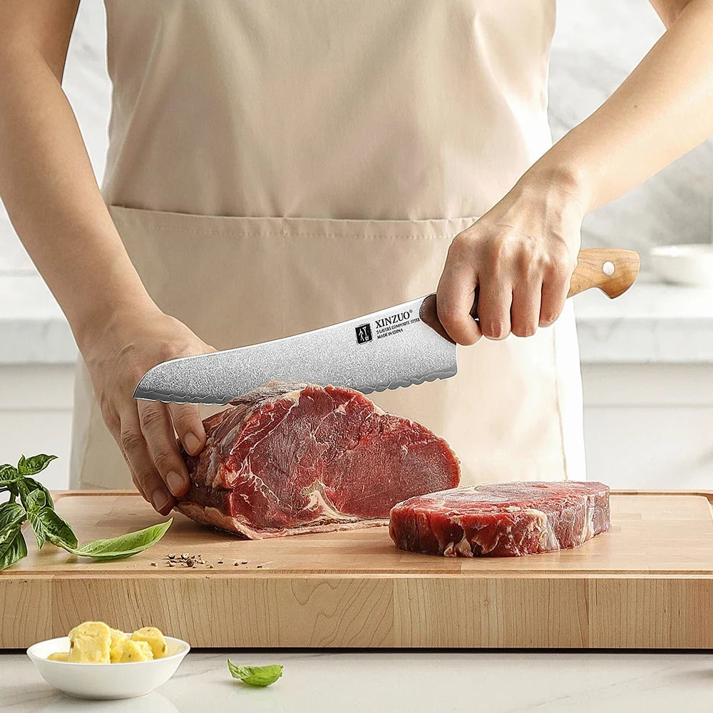 XINZUO 8-Inch Composite Steel Frozen Food Knife – Olive Wood