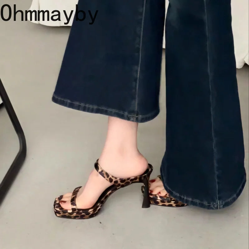 Women's Leopard High Heel Mule Slides – Square Toe Slip-On Pumps