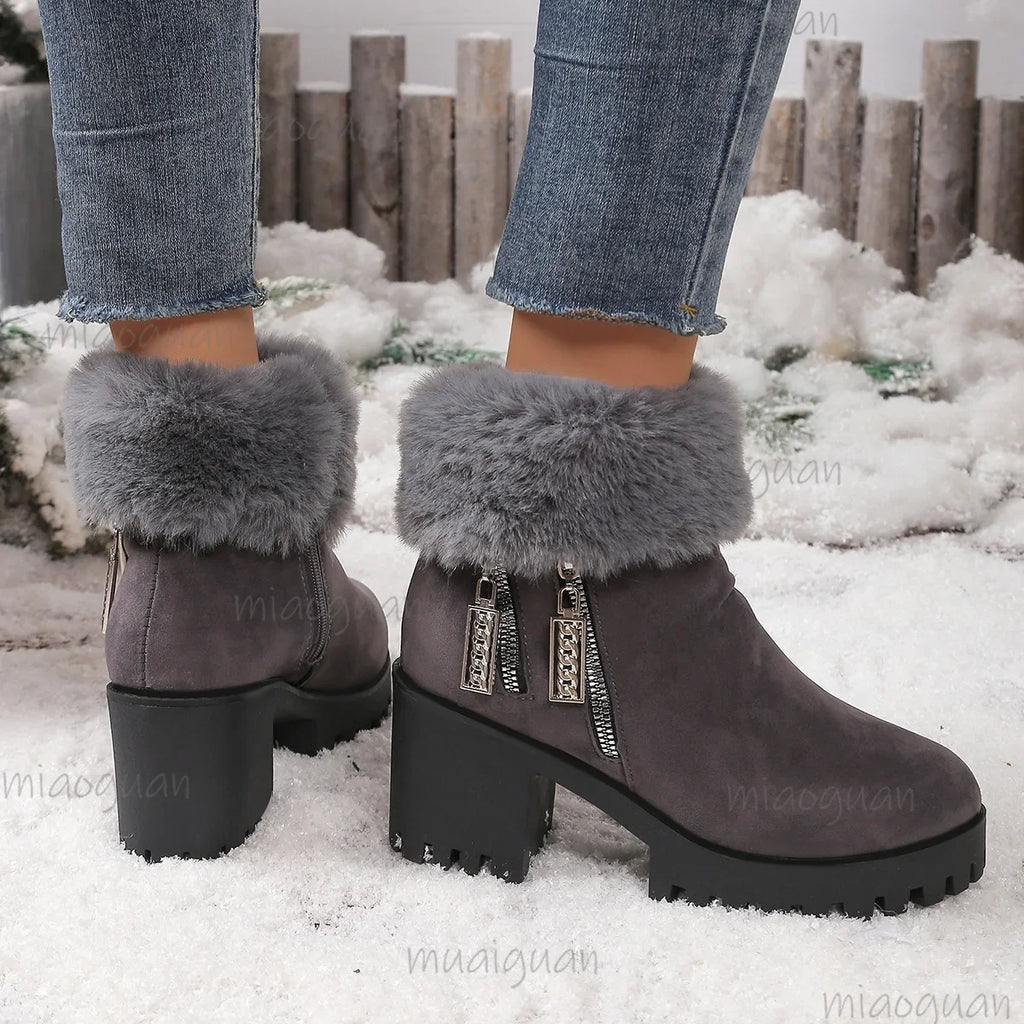 Women's Fluffy Ankle Boots – Furry High Heel Winter Snow Boots