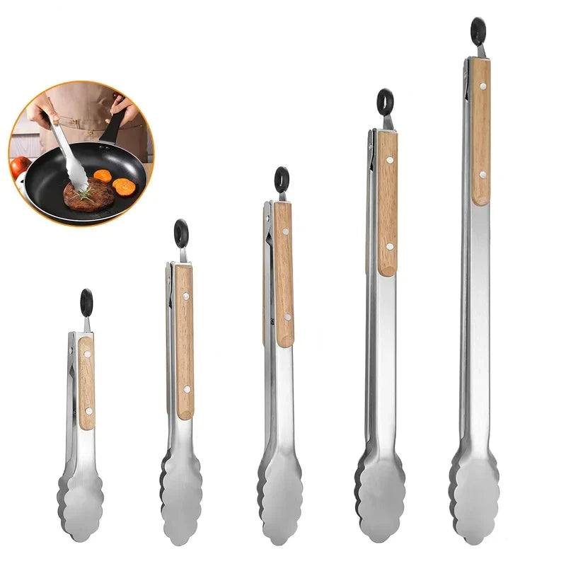 Leeseph Stainless Steel Food Tongs with Wooden Handle | 7–16"