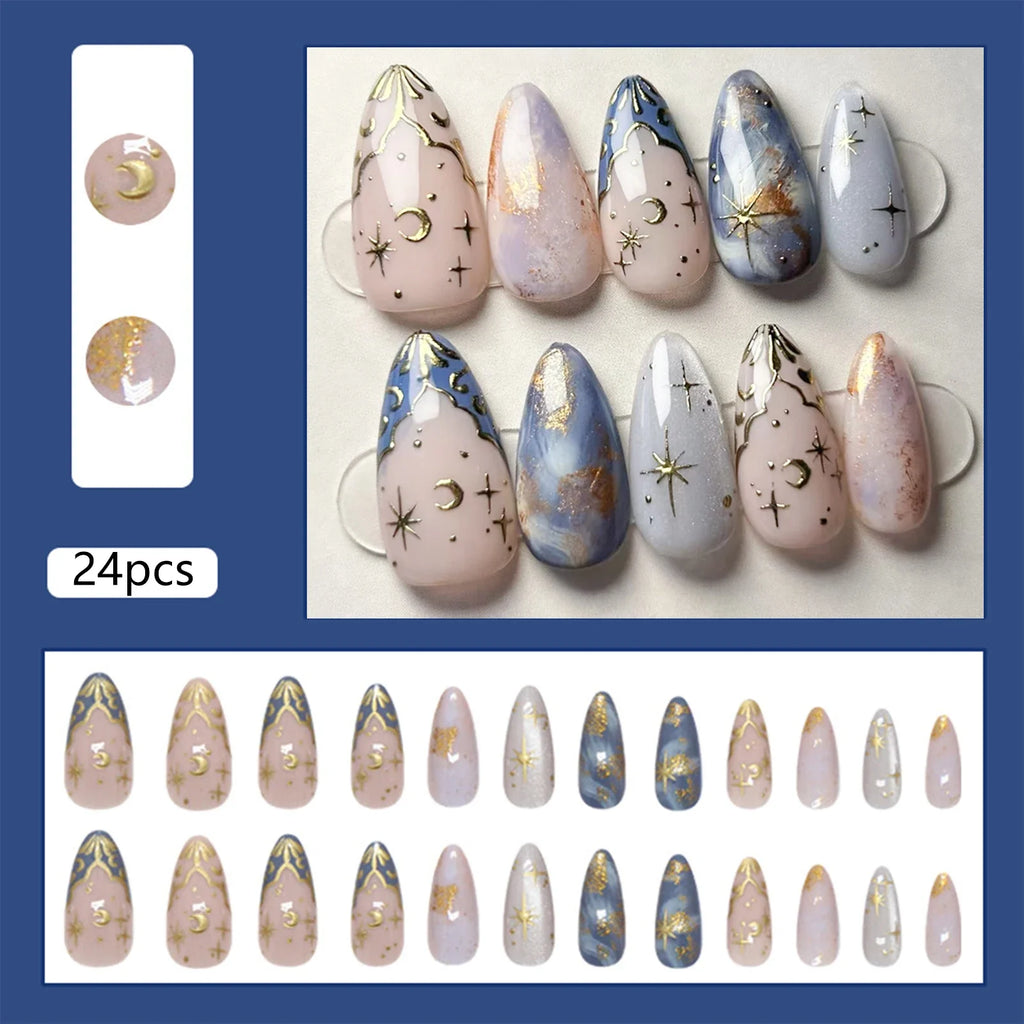 24pc French Almond Press On Nails | 3D Star Moon Cat Eye Design