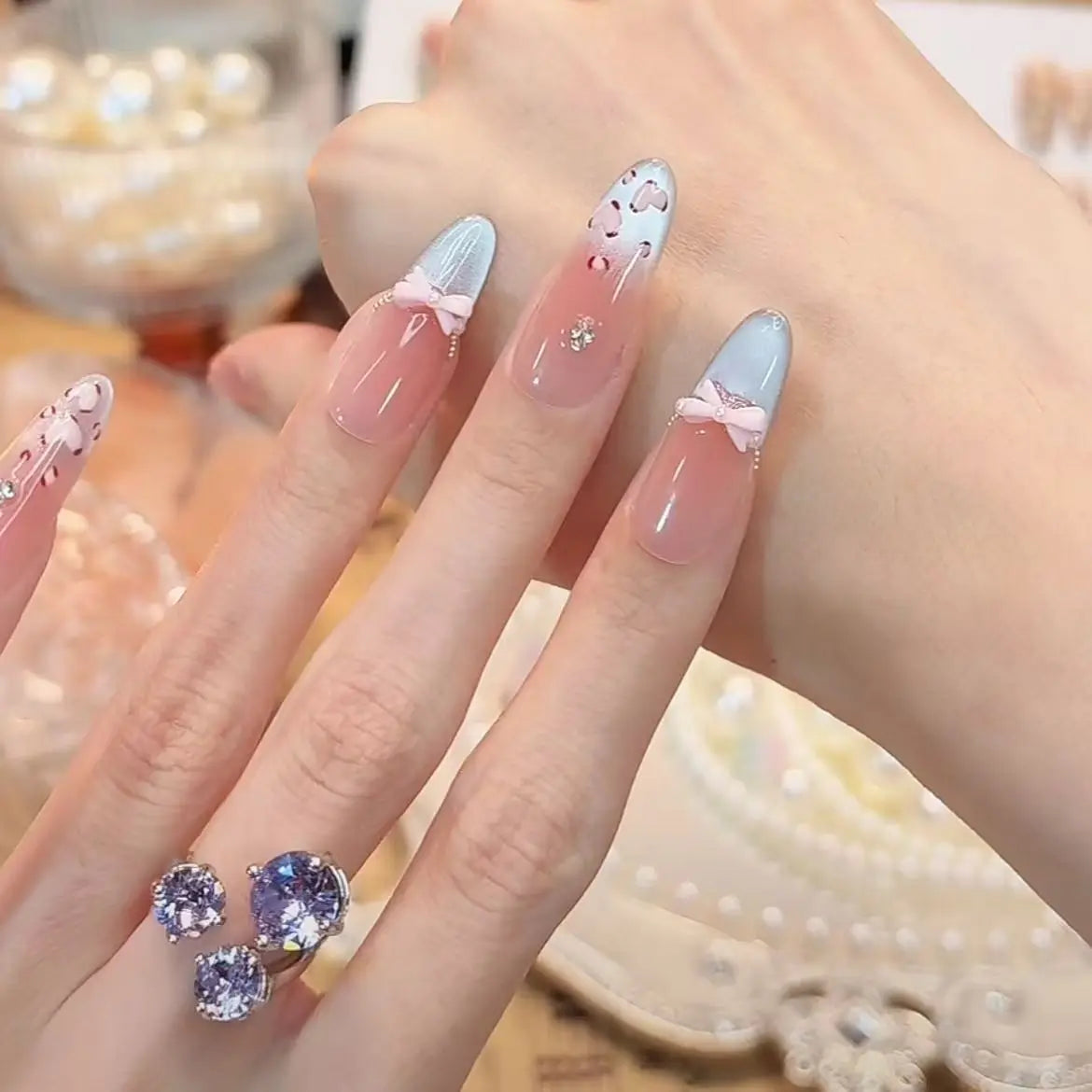 Handmade Press-On Nails Leopard Blue Cat Eye Long Almond 10pcs
