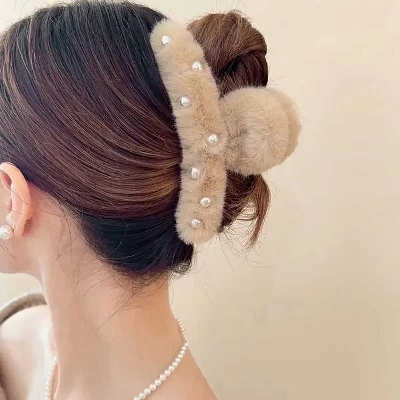 Pearl Plush Big Shark Hair Claw Clip | Cute Winter Accessory