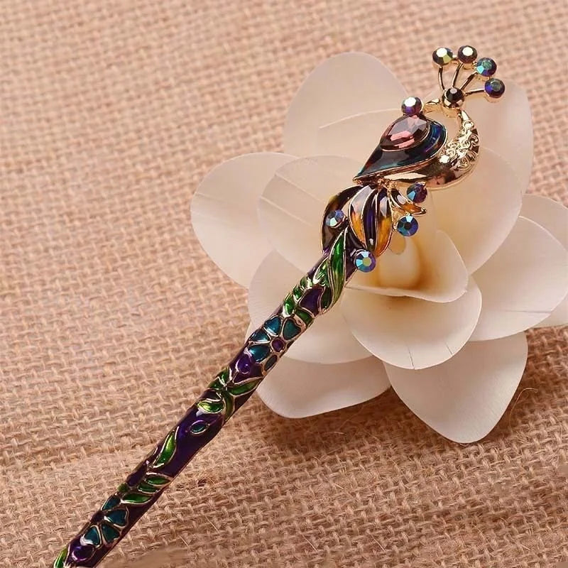 Retro Peacock Enamel Crystal Hair Stick Pin – Chinese Style