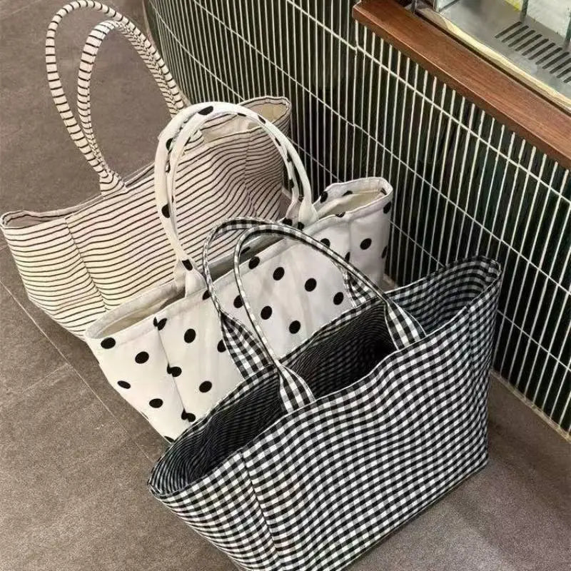 Large Canvas Tote Bag – Striped Plaid Shoulder Bag for Women