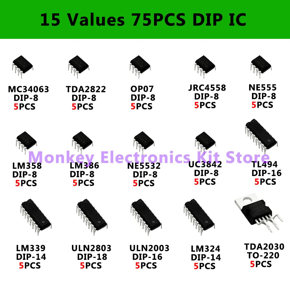 75PCS 15-Value DIP IC Kit – NE555, LM358, LM386 & More