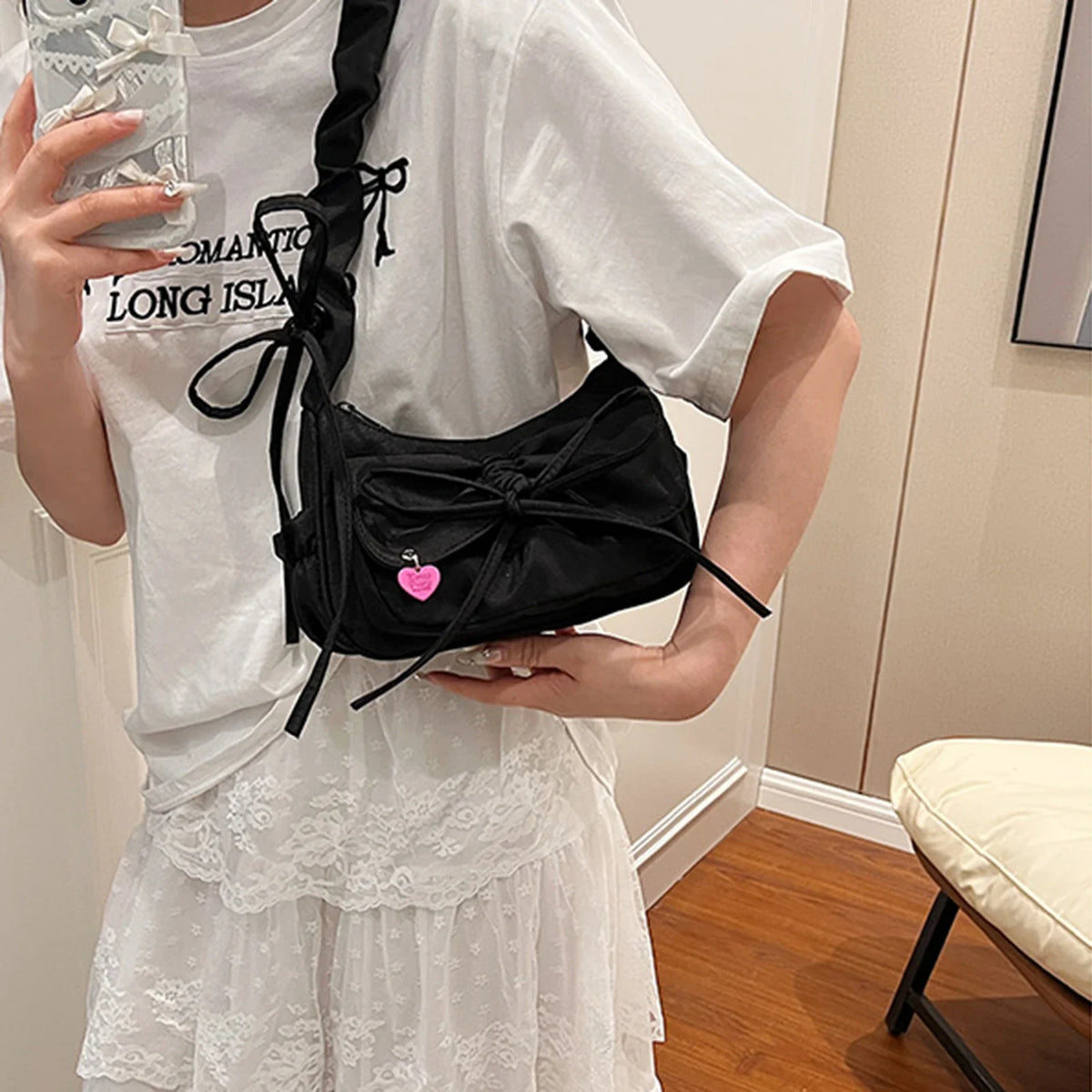 Black Bow Washed Denim Shoulder Bag | Korean Style Handbag