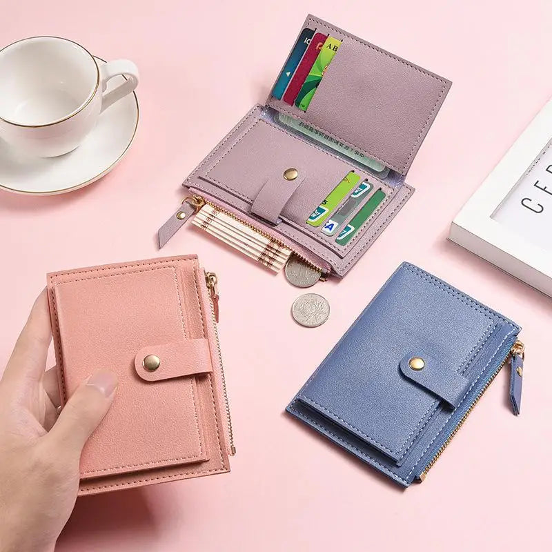 Women's Slim PU Leather Card Holder Wallet | Mini Zipper Purse
