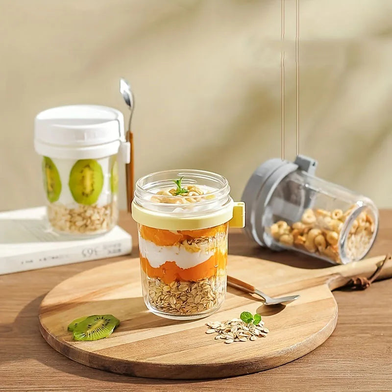 KEMORELA Overnight Oats Glass Cup with Spoon | Mason Tumbler