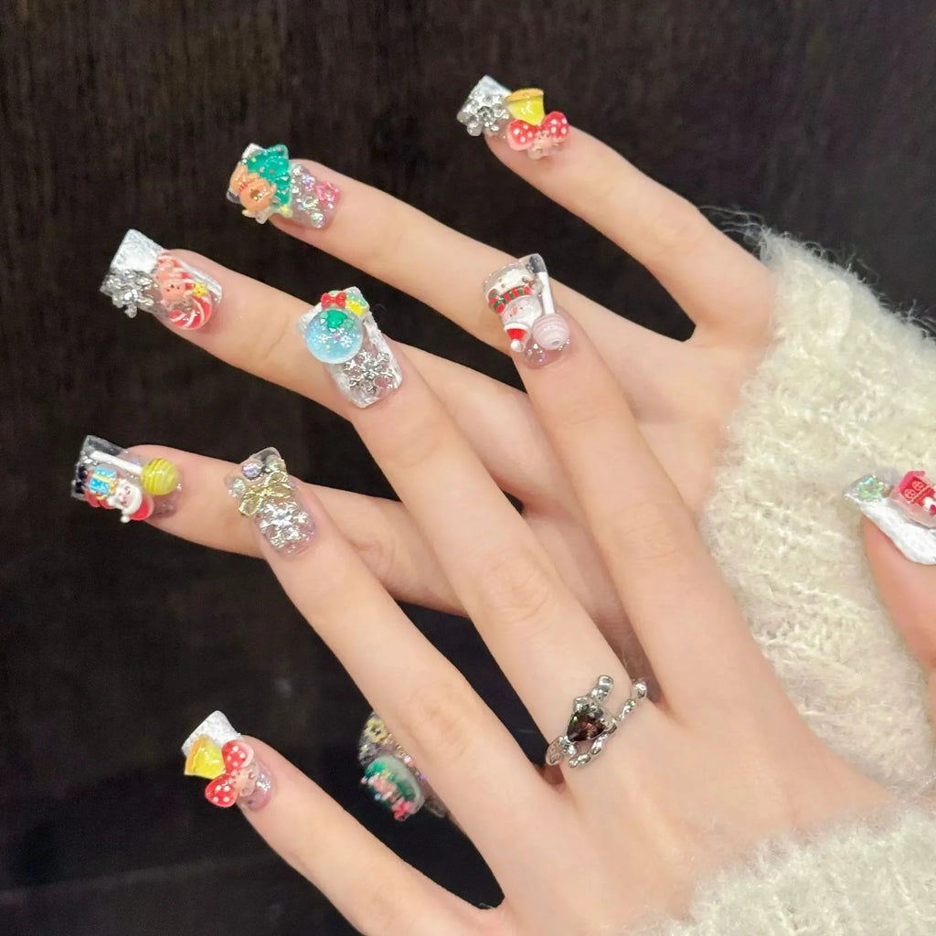 Christmas Press On Nails 10pcs | 3D Cartoon Duckbill Fake Nails