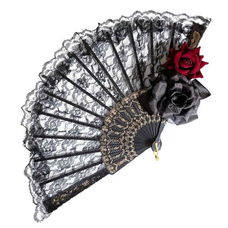 Lolita Gothic Fan Victorian Female Lace Hand Vintage Black White Red
