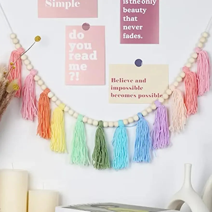 Rainbow Tassel Garland Colorful Pom Wood Bead Easter Spring Girls