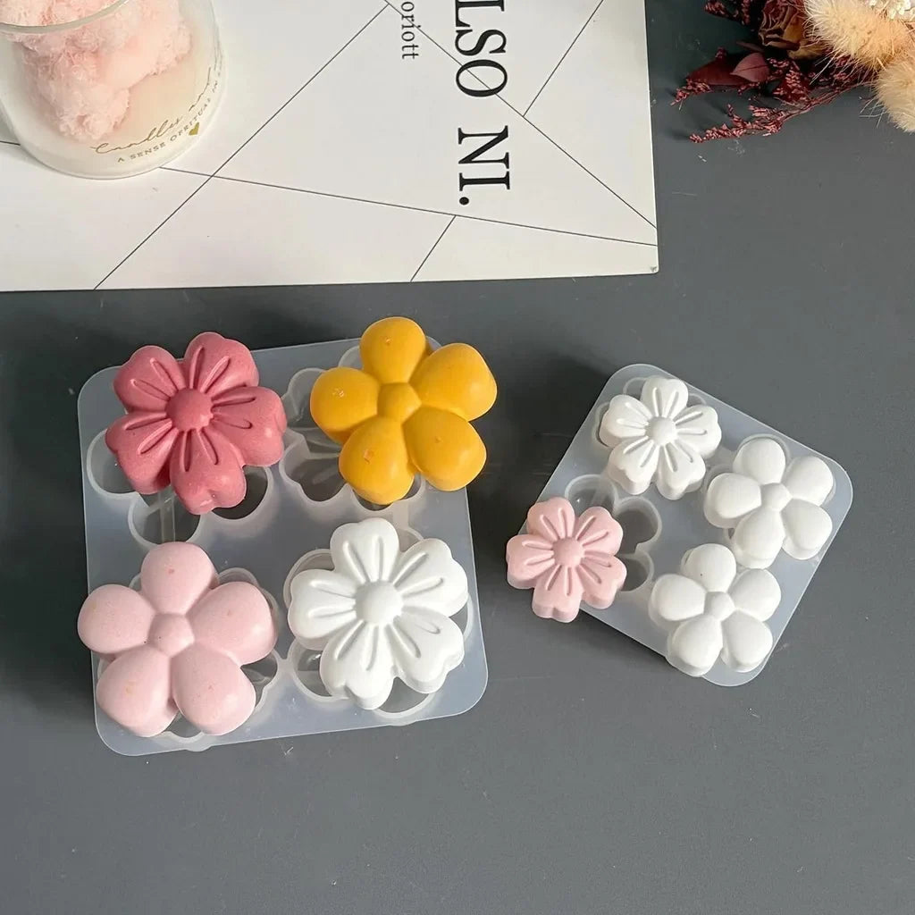 4-Cavity Mixed Flower Silicone Mold 3D Sakura Sunflower Chrysanthemum
