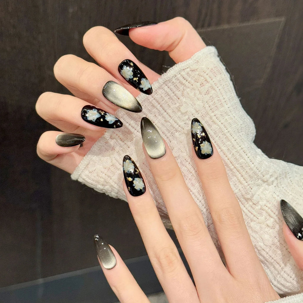 Handmade Black Cat Eyes False Nails Press Gold Foil Floral Designs