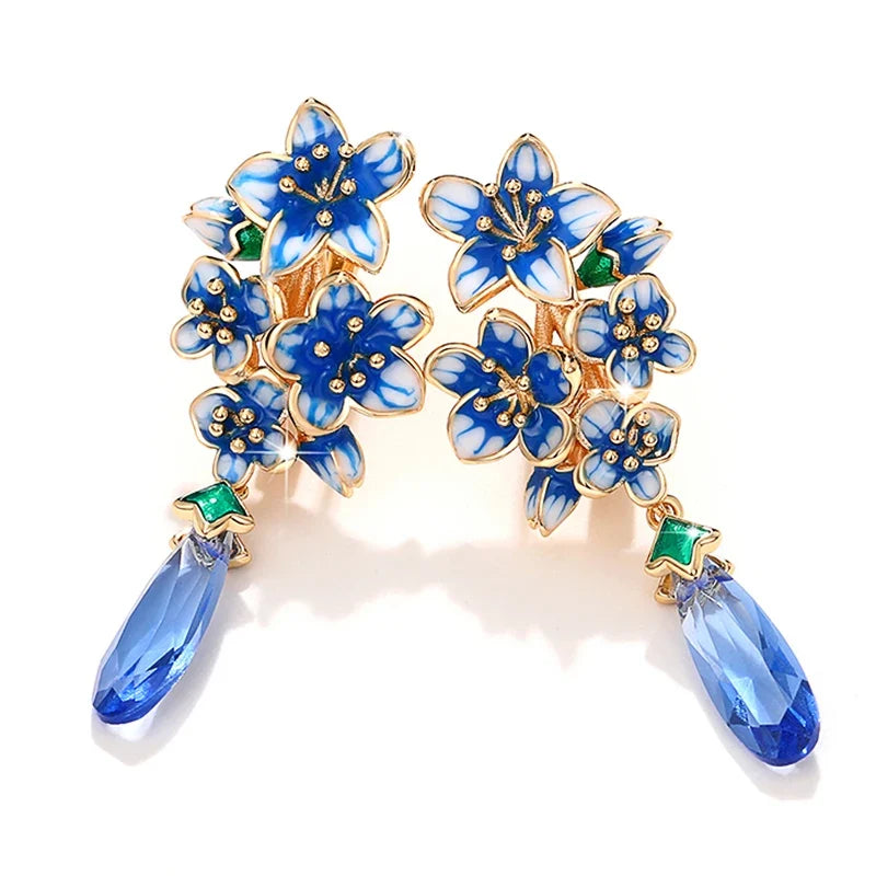 Huitan Blue Morning Glory Drop Earrings – Gold Floral Jewelry