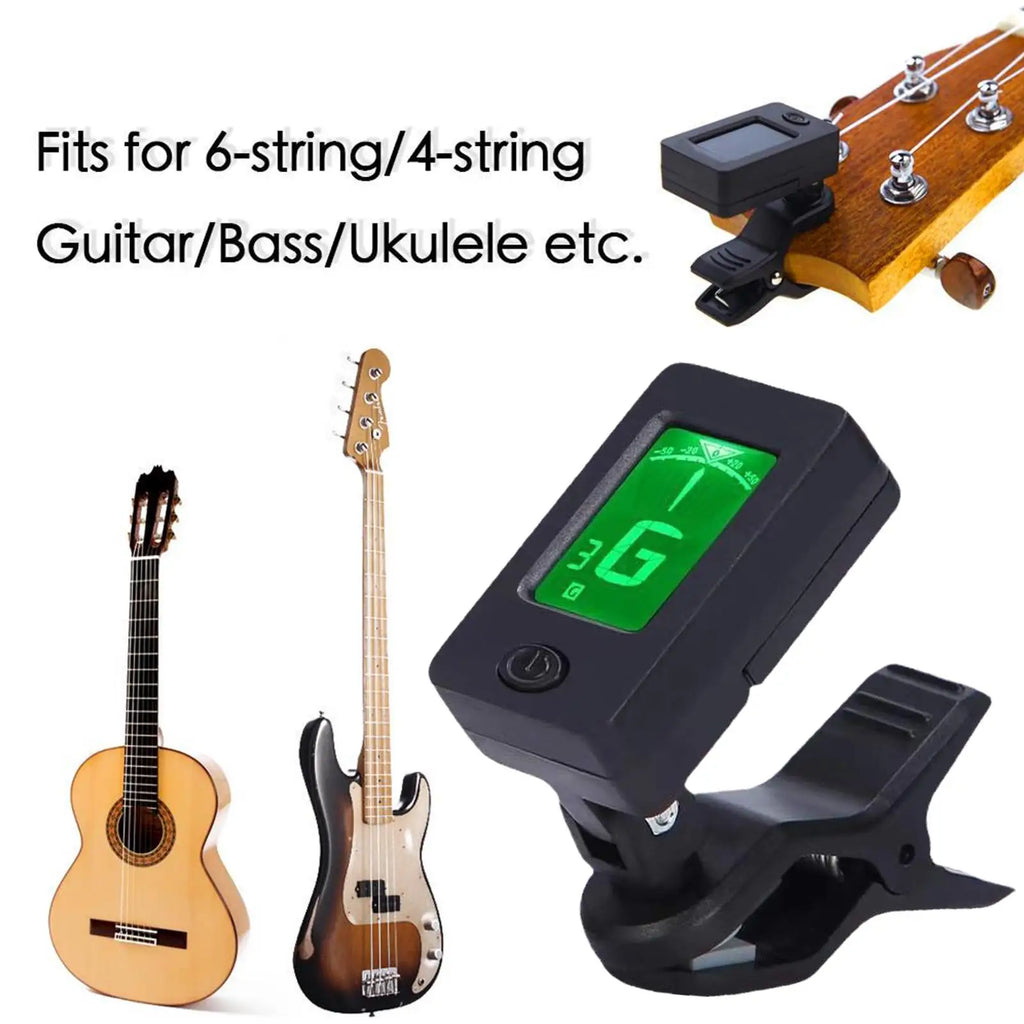 Clip-On Guitar Tuner – LCD Display for Guitar, Bass & Ukulele