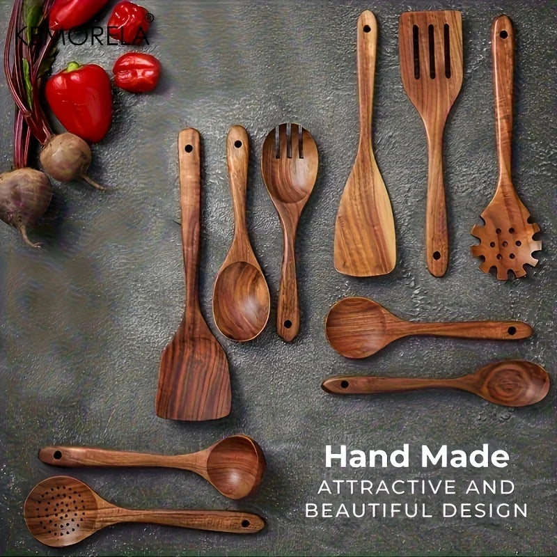 KEMORELA 10-Pc Natural Wooden Spoon & Ladle Cooking Set
