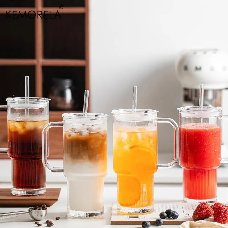 KEMORELA 750ml Glass Tumbler with Handle, Lid & Straw