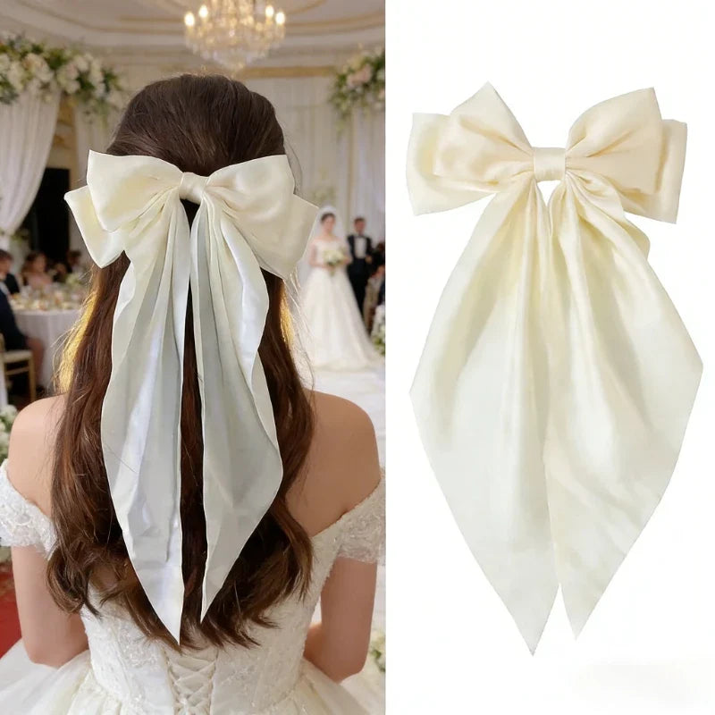 Solid Satin Bow Ribbon Hair Clips Women Elegant Bowknot Hairpins