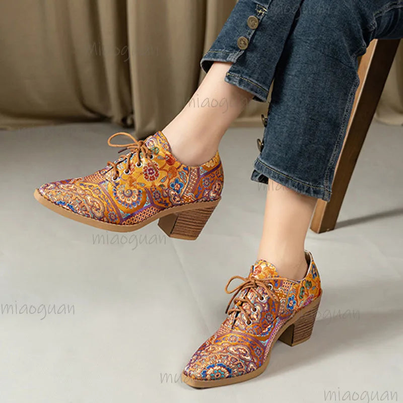 Printed Lace-Up High Heel Pumps – Women's Round Toe Shoes