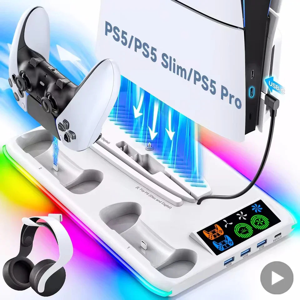 PS5 Stand with Cooling Fan, RGB Lighting & Controller Charging Hub