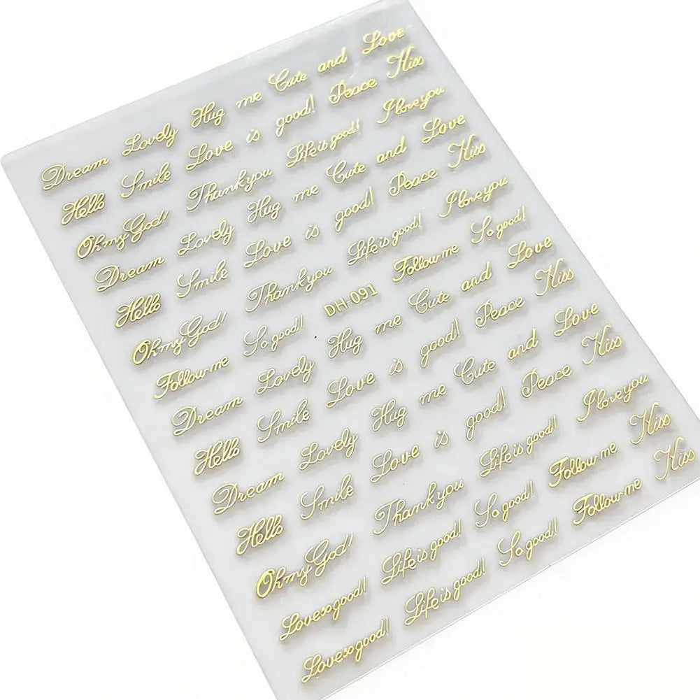 3D English Word Nail Art Stickers – Metallic Gold & Silver Decals