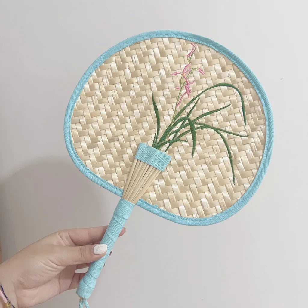Handmade Embroidered Handheld Palm Fan Chinese Portable Wheat Straw