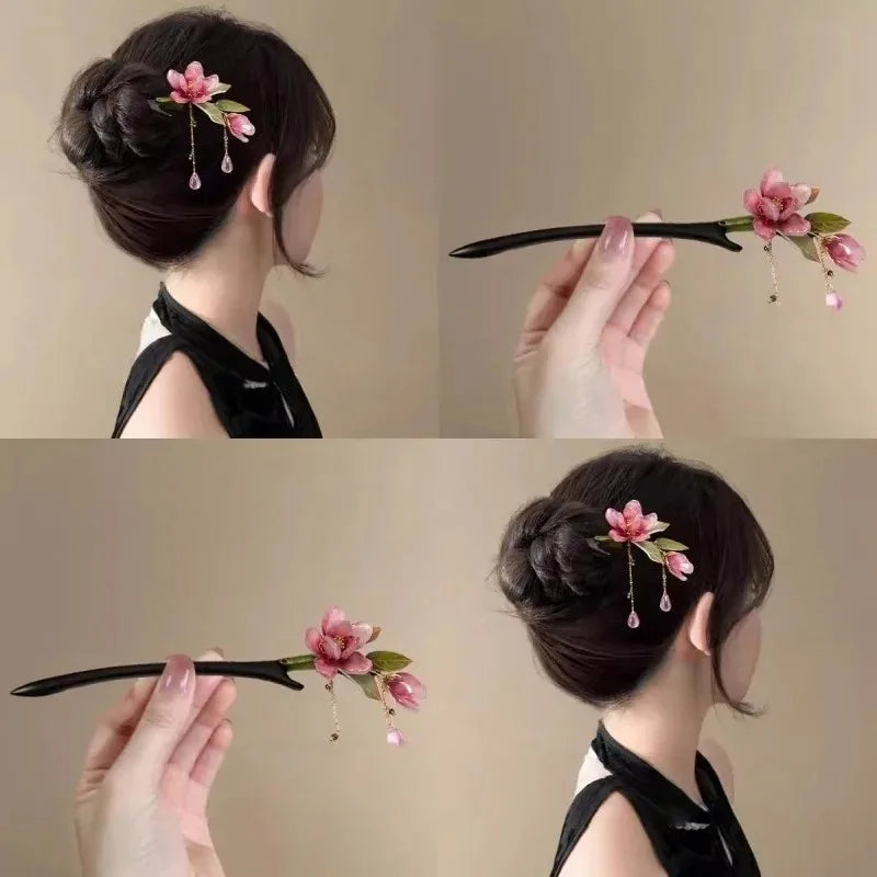 Chinese Floral Hair Stick – Pink Flower Tassel Hanfu Hairpin