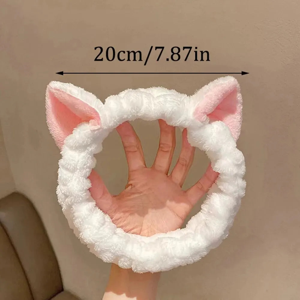 Cat Ear Coral Plush Headband – Soft Bow Makeup Hair Band